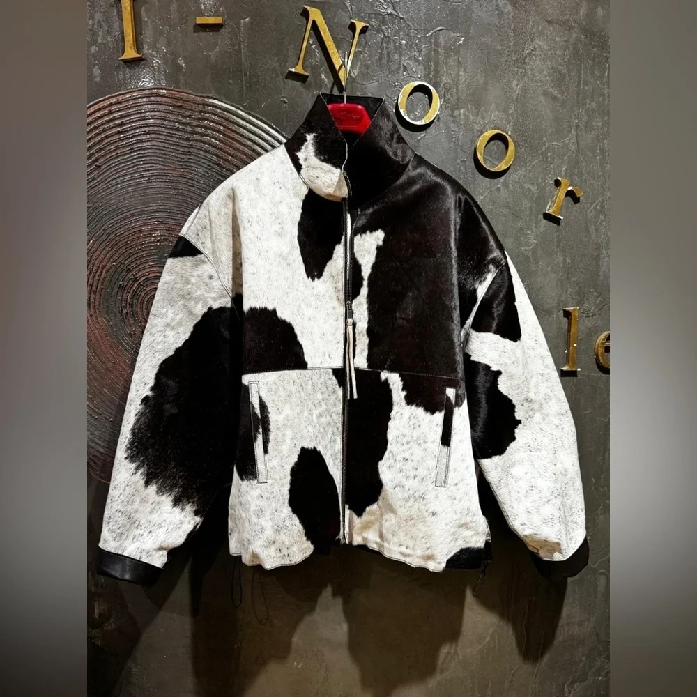 NWT Women's cow print calf hair western Brown and White genuine leather Jacket - Picture 11 of 15